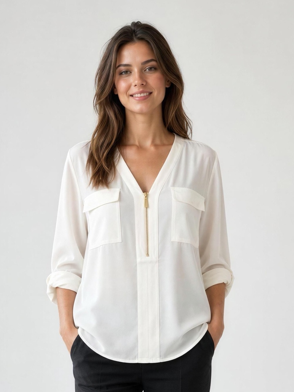 Express‎ Cream V-Neck Zip Blouse